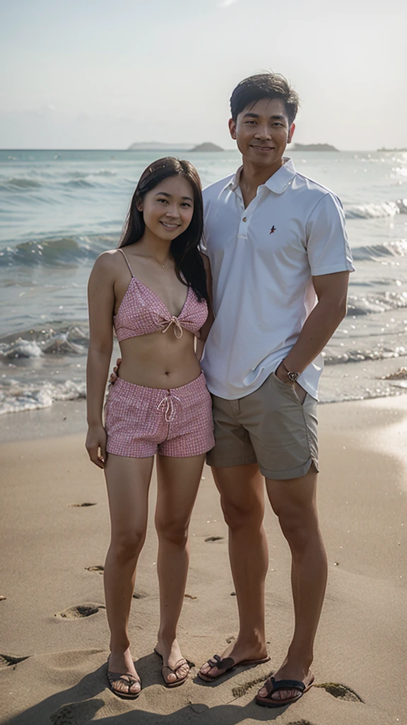 Realistic pilipino couple wearing a summer outfit  and shorts standing in beach.