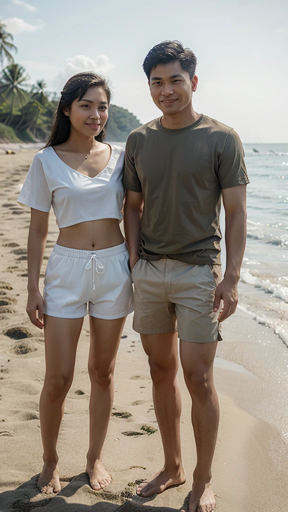Realistic pilipino couple wearing a summer outfit  and shorts standing in beach.