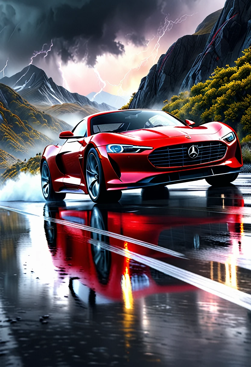 A detailed hyperrealistic painting of a red sports car driving through a misty mountain landscape, dramatic cloudy sky with lightning, vibrant colors, cinematic lighting, masterful photorealism, 8k, high-resolution, extremely detailed, photorealistic, professional, studio lighting, cinematic colors, dramatic lighting, moody atmosphere, dynamic composition, striking visual impact