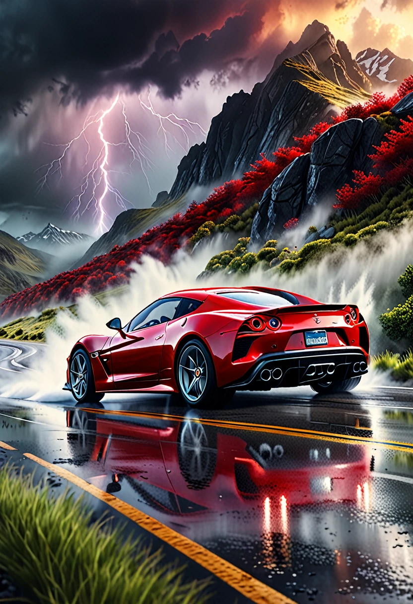 A detailed hyperrealistic painting of a red sports car driving through a misty mountain landscape, dramatic cloudy sky with lightning, vibrant colors, cinematic lighting, masterful photorealism, 8k, high-resolution, extremely detailed, photorealistic, professional, studio lighting, cinematic colors, dramatic lighting, moody atmosphere, dynamic composition, striking visual impact