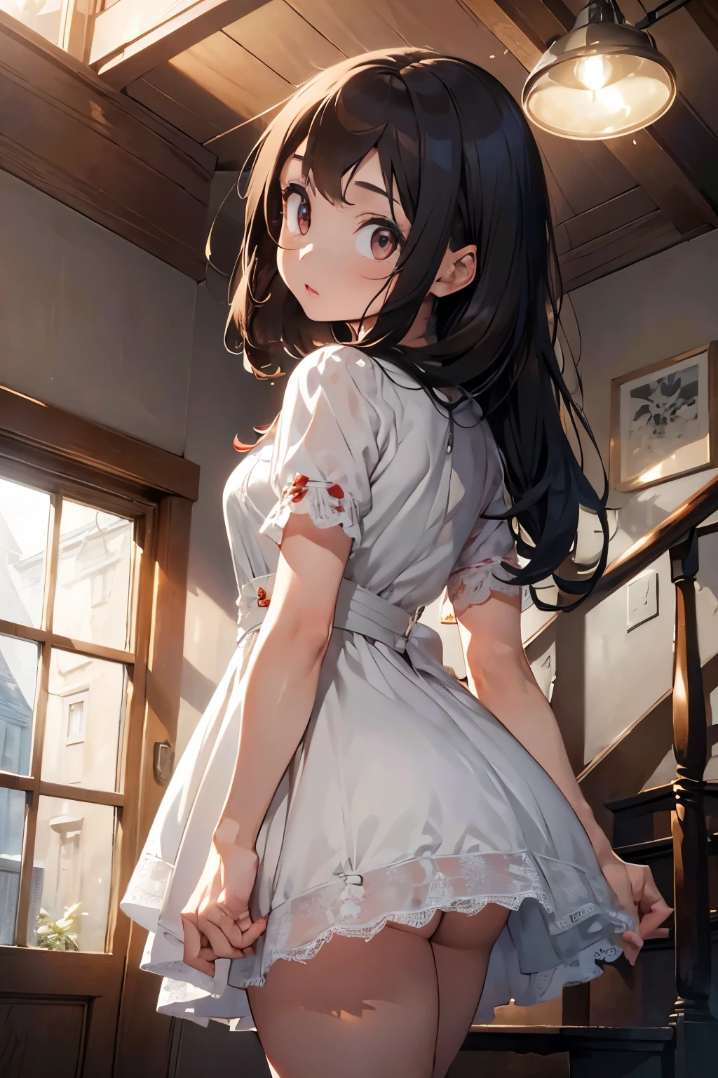 (((Masterpiece, Best Quality, High Resolution)))), From a side angle, 1 girl named Ella holding a flashlight, her face illuminated by its beam as she descends a narrow, dark, cobweb-filled staircase. ((Vintage-inspired dress, knee-length, with lace details)),((Bare legs)), The weather is cold and damp. ((From below)), Long shadows are cast by the flickering light. A sense of apprehension and excitement fills the air. (Gothic horror setting), Mysterious painting on the wall, (Her hair is long and wavy, slightly disheveled), Pale skin, red lips, captivating