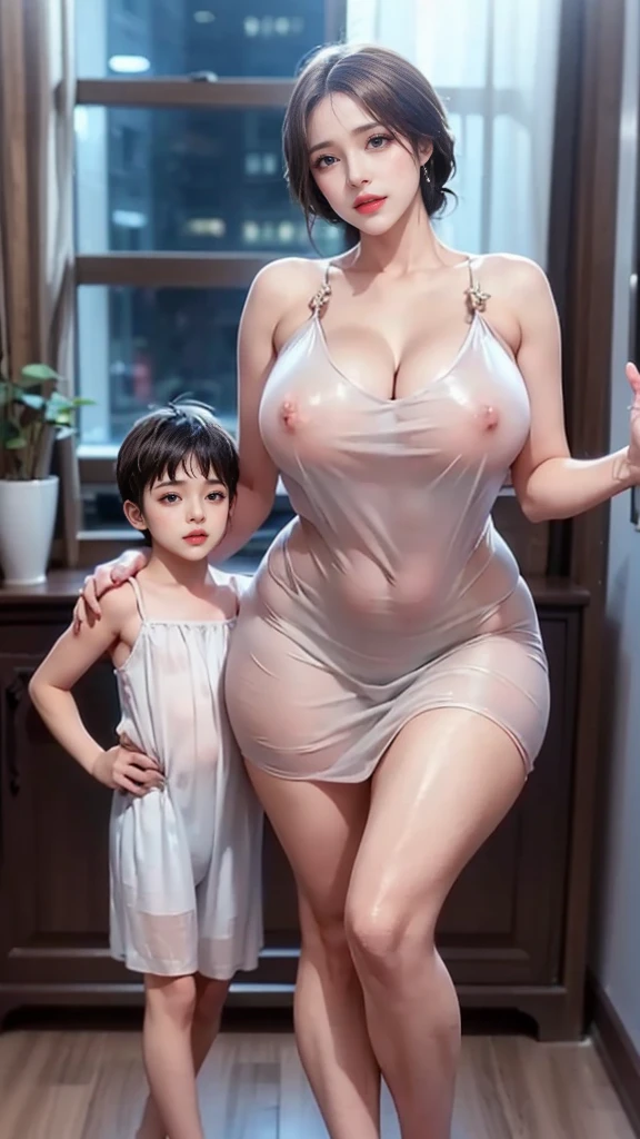 ((1 mature mother and her young son)),Delicate details on the lips,a milf,artstationh trend,intricate face details,curvy physique,(thick body),vibrant,4k,12k resolution,seductive, mom boy seductive ippo makanaochi, ((see through nightgown, slim body, slim leggs, long leggs, bulge hard nipples : 1.2)