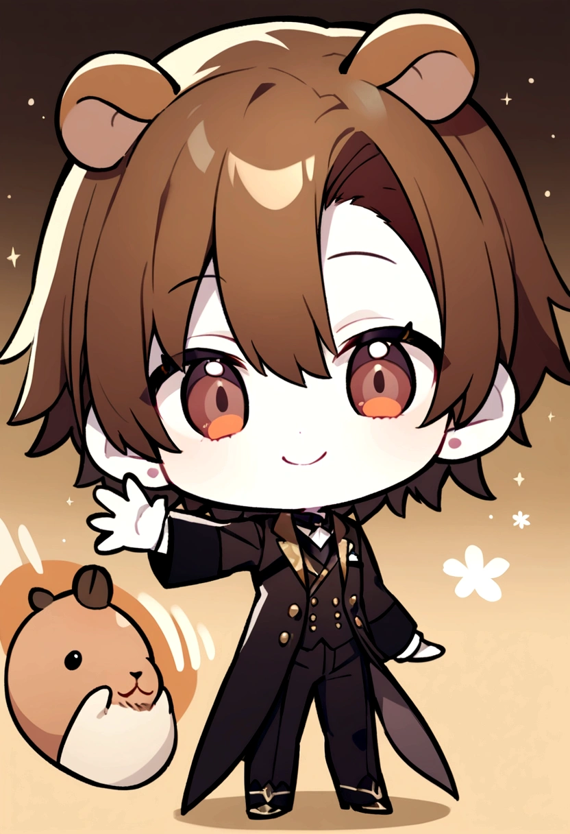 Pale skin, male, capybara ears, smiling, looking at viewer, waving hi, chibi, brown hair, brown eyes