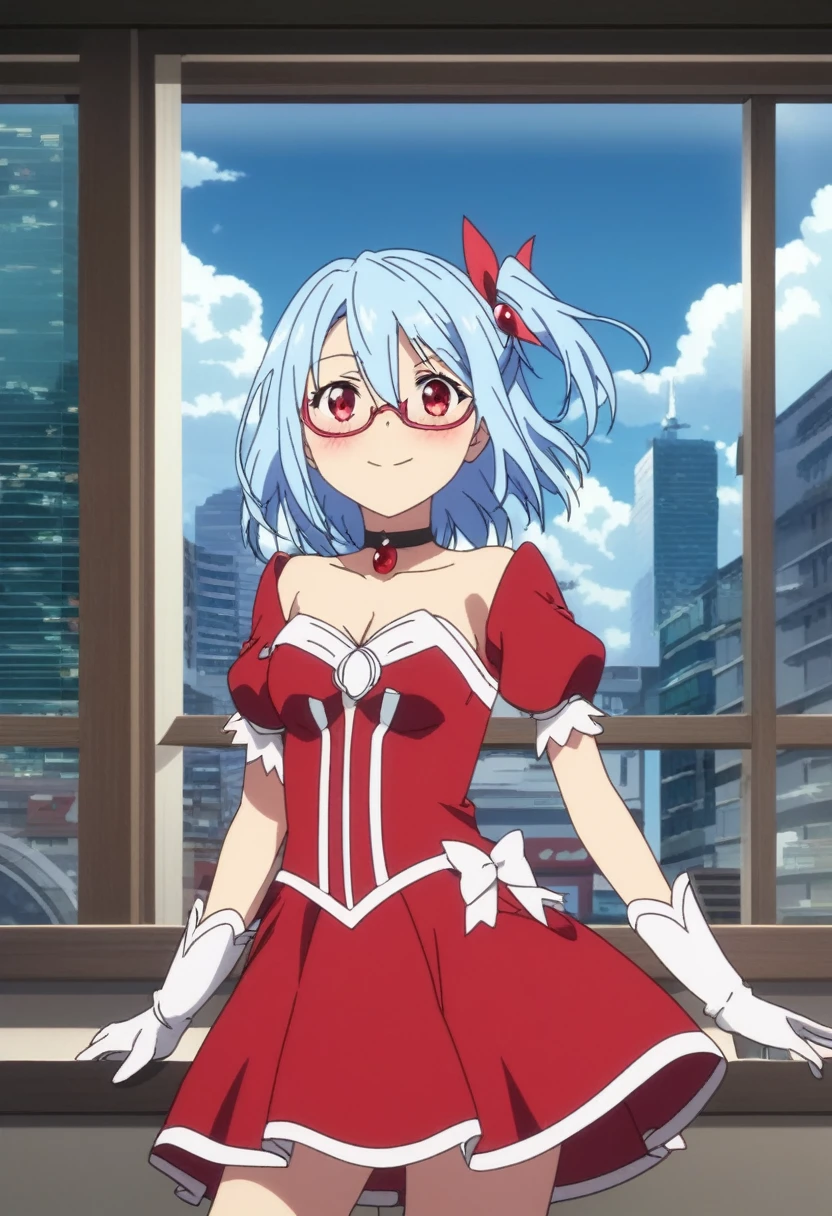score_9, score_8_up, score_7_up, score_6_up, source anime BREAK, anime screencap, dynamic shadows, atmosferic, 1girl, solo, (red eyes:1.5), detailed eyes, light blue hair, medium hair, one side up , bangs, hair between eyes, hair ribbons, red dress, magical girl dress, short sleeves, strapless, choker, white gloves, glasses, white boots, thighs, medium breasts, blush, smile, sexy, collarbone, cleavage, ((cowboy shot)), ((from front)), window, city, sky, clouds, night, (wariza), (looking at viewer:1.0)