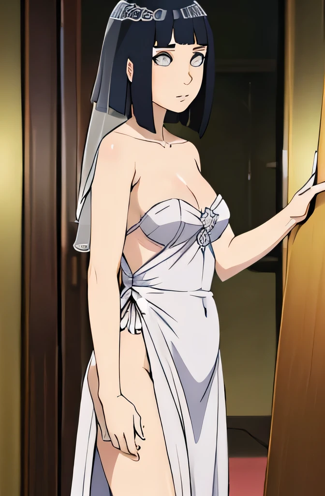 Inata hiuga medium breasts, thin legs, perfect body, dark hair,  wearing a wedding dress, white veil hotel room ((by the hand of a )), ((whole body))