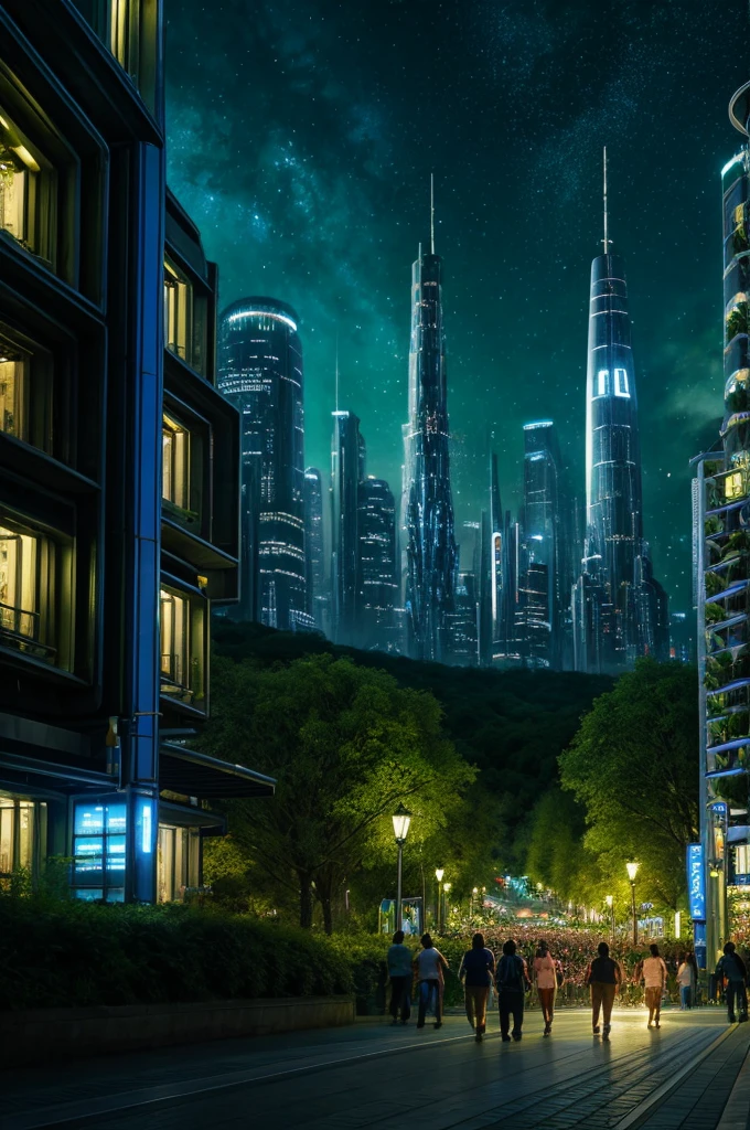 Landscape , city scene , ultra detailed fantasy, magical world,galaxy design sky, futuristic alien technology infrastructure in scene , greenry attached with infrastructure , people in the city , people roaming , people wearning astronaut dress , realistic, behance hd, light spread from the house, night time , master piece