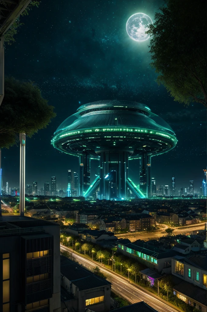 Landscape , city scene , ultra detailed fantasy, magical world,galaxy design sky, futuristic alien technology infrastructure in scene , greenry attached with infrastructure , people in the city , people roaming , people wearning astronaut dress , realistic, behance hd, light spread from the house, night time , master piece