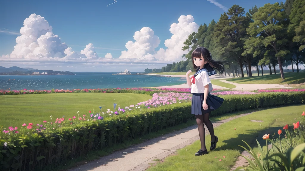 (masterpiece), town, blue sky, Cumulonimbus, A girl in front(whole body), smile, alone, Sailor suit on top、Underneath is a long skirt, Overgrown, petal, plant、Skirt lining、Translucent slip、nostalgic、Black Pantyhose、Especially the sea view