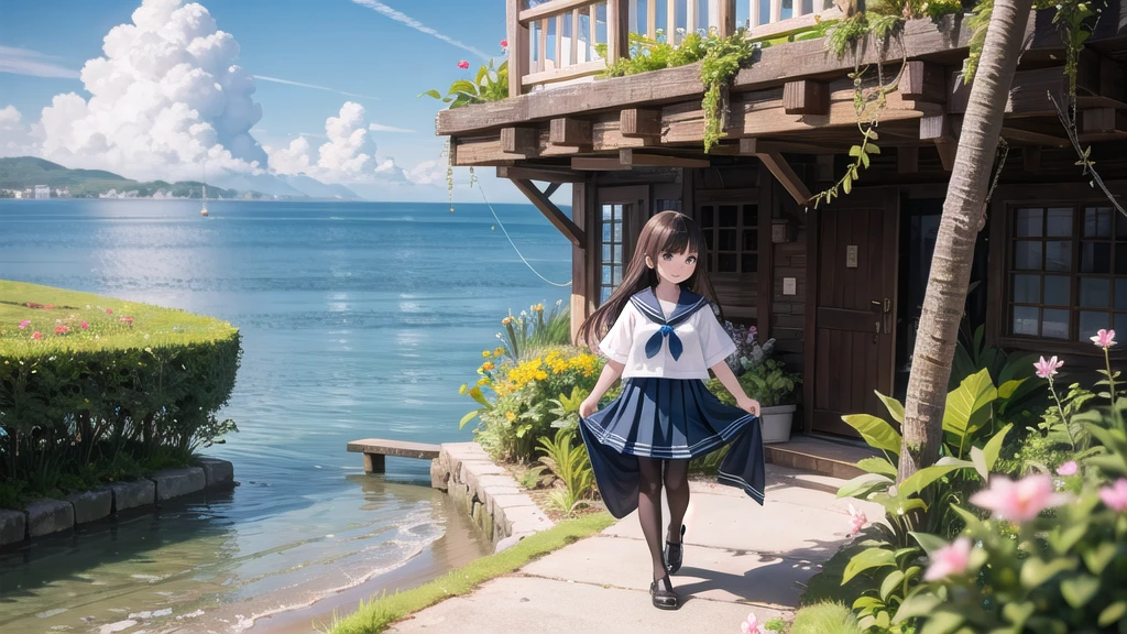 (masterpiece), town, blue sky, Cumulonimbus, A girl in front(whole body), smile, alone, Sailor suit on top、Underneath is a long skirt, Overgrown, petal, plant、Skirt lining、Translucent slip、nostalgic、Black Pantyhose、Especially the sea view