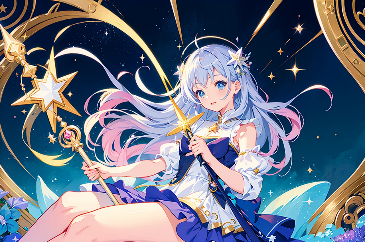 (Magical Girl)), ((Gorgeous Starry Background)), ((Ultra Detailed)), ((Best Illustration)), ((Movie Lighting)), Dynamic Angle, Floating, Fine, (Flash: 1.2), (Shine: 1.2), (Shine: 1.2), Classic, (Drawing: 1.1), (Sketch: 1.1), (Best Quality), (Illustration: 1.2), (Anime Style), (Solo), Beautiful Detailed Face, (Cute Face: 1.3), (Big Eyes)), Colored hair, (long hair: 1.2), (flowing hair: 1.2), (magical girl costume), detail, (sparkling wand: 1.3), (magic effect: 1.3), (flowing dress: 1.2), (cute boots: 1.1), (transparent fabric: 1.1), (flickering: 1.2), (glow: 1.2), (sparkle: 1.2), (sparkle: 1.2), (sparkle: 1.2), (shimmer: 1.2), wings, multi color hair,