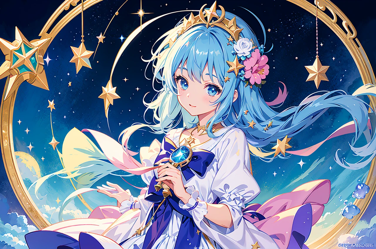 Anime girl with a star and a wand on her head, sparkling magical girl, portrait of the magical girl, beautiful celestial mage, Detailed key anime art, Trending on ArtStation pixiv, magical , guweiz on pixiv artstation, high detailed official artwork, Cute anime waifu in a nice dress, Pixiv Contest Winner, anime goddess, official anime artwork