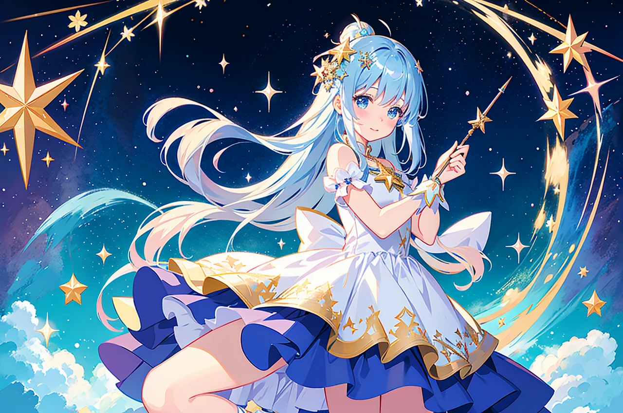 Anime girl with a star and a wand on her head, sparkling magical girl, portrait of the magical girl, beautiful celestial mage, Detailed key anime art, Trending on ArtStation pixiv, magical , guweiz on pixiv artstation, high detailed official artwork, Cute anime waifu in a nice dress, Pixiv Contest Winner, anime goddess, official anime artwork