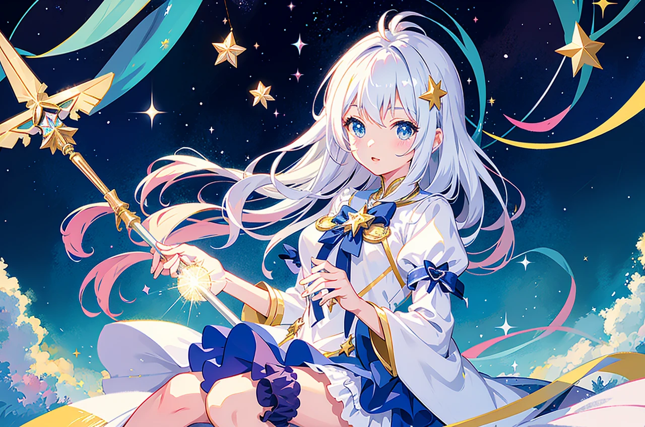 Anime girl with a star and a wand on her head, sparkling magical girl, portrait of the magical girl, beautiful celestial mage, Detailed key anime art, Trending on ArtStation pixiv, magical , guweiz on pixiv artstation, high detailed official artwork, Cute anime waifu in a nice dress, Pixiv Contest Winner, anime goddess, official anime artwork