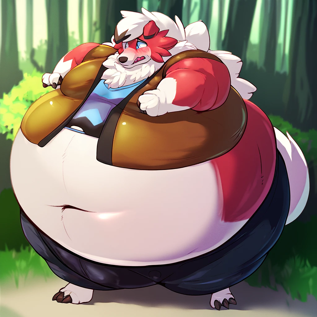 score_9_up, solo, male Lycanroc, anthro, male, pokemon, pokemon \(species\), generation 1 pokemon, embarrassed, blushing, floating above the forest, inflated arms, inflated legs, hyper inflation