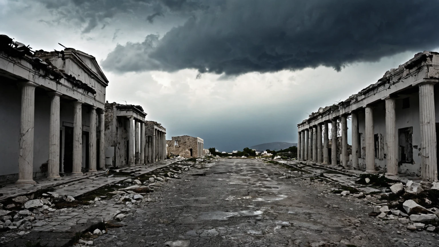 Greek buildings in ruins, pov, big alley road, ruins, aftermath, dark storm clouds, destruction, gloomy, background