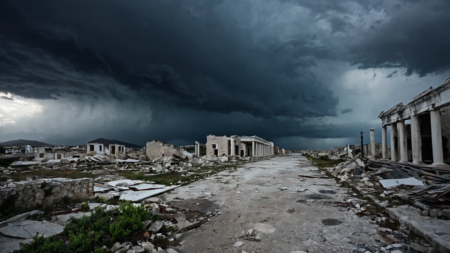 Greek buildings in ruins, pov, big alley road, ruins, aftermath, dark storm clouds, destruction, gloomy, background
