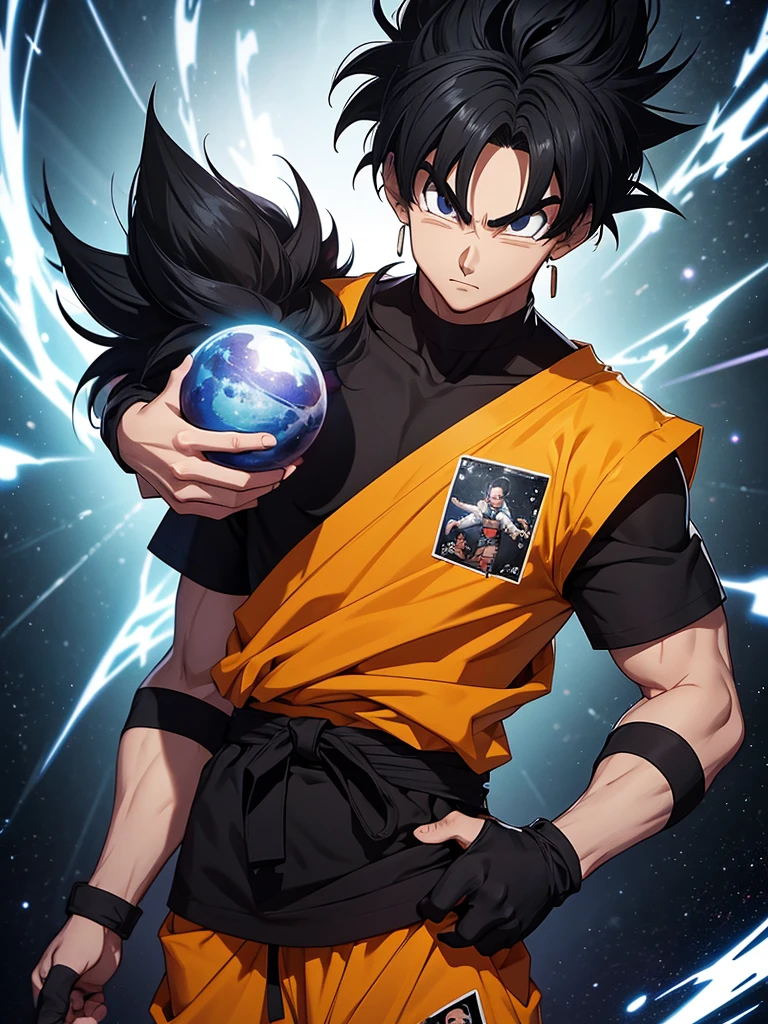 An adult boy, black hair, black eyes, designed in the style of Dragon Ball Z, in the middle of space holding a black photo.