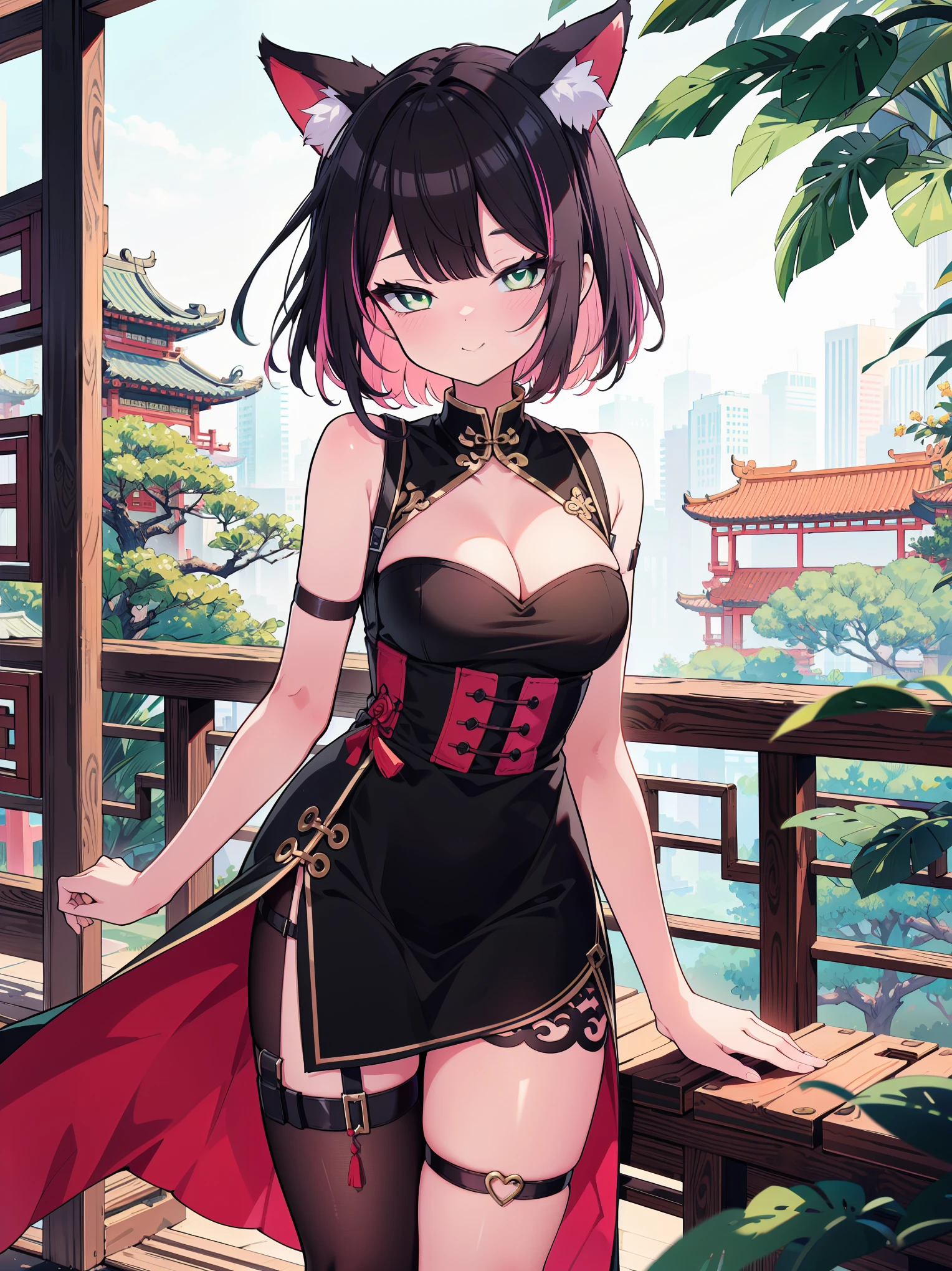(cowboy shot), (colorful:1.1), (ultra-high resolution, depth of field:1.2), (Tingyun:1.1), solo, fox ears, (puffy fox tail), (black hair), inner pink hair, bangs, green eyes, (red underliner), medium breasts, (long dress), (long black dress with a waist cincher), crossed collar shirt, cleavage, bare legs, (intricate thigh strap), pantyhose, smile, squinting, Chinese garden scenery