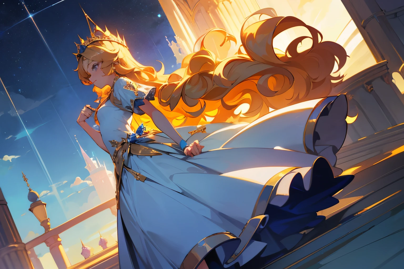 A young girl with a diamond headband, long curly golden hair, wearing a light blue evening dress, with a diamond ring on her finger, looking into the distance at a 45-degree angle. Royal castle, brilliant sky, anime style, high resolution, stunning, masterpiece.