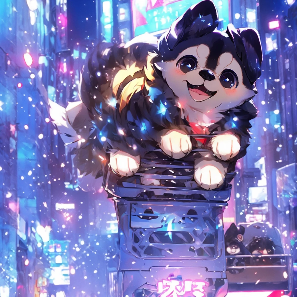 In the city、1 Pug puppy、(((Round black fur on forehead)))、(((smile:3.0)))