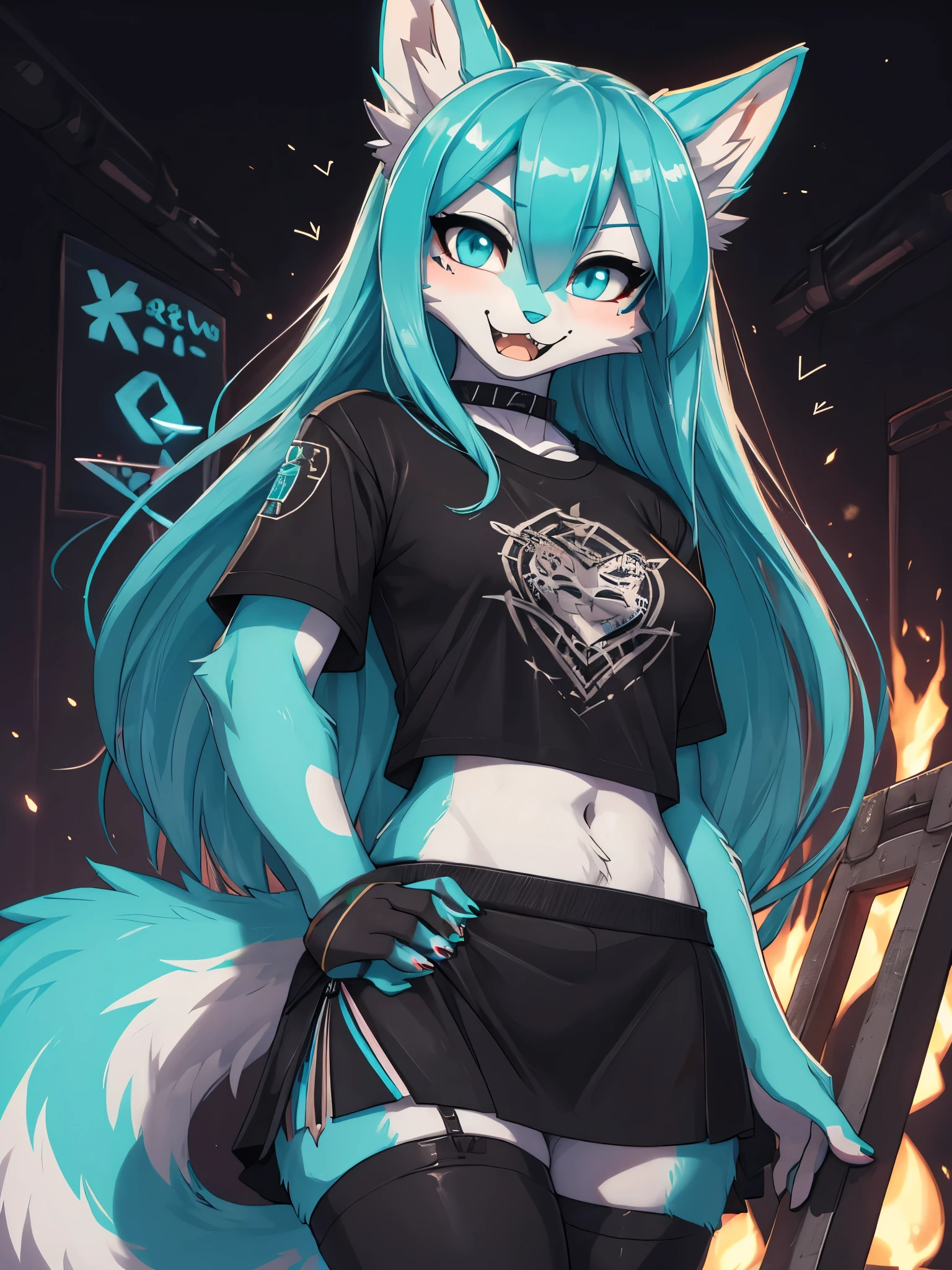 Miku Hatsune, high definition add_detail:1, blue fur,kitsune ears, tribal tattoo add_detail:1 cute high school clothes, pretty girl add_detail:3 18 year old girl, short black lycra, black metal t shirt, flirty look add_detail:3, hands rock sign, shouting add_detail:1