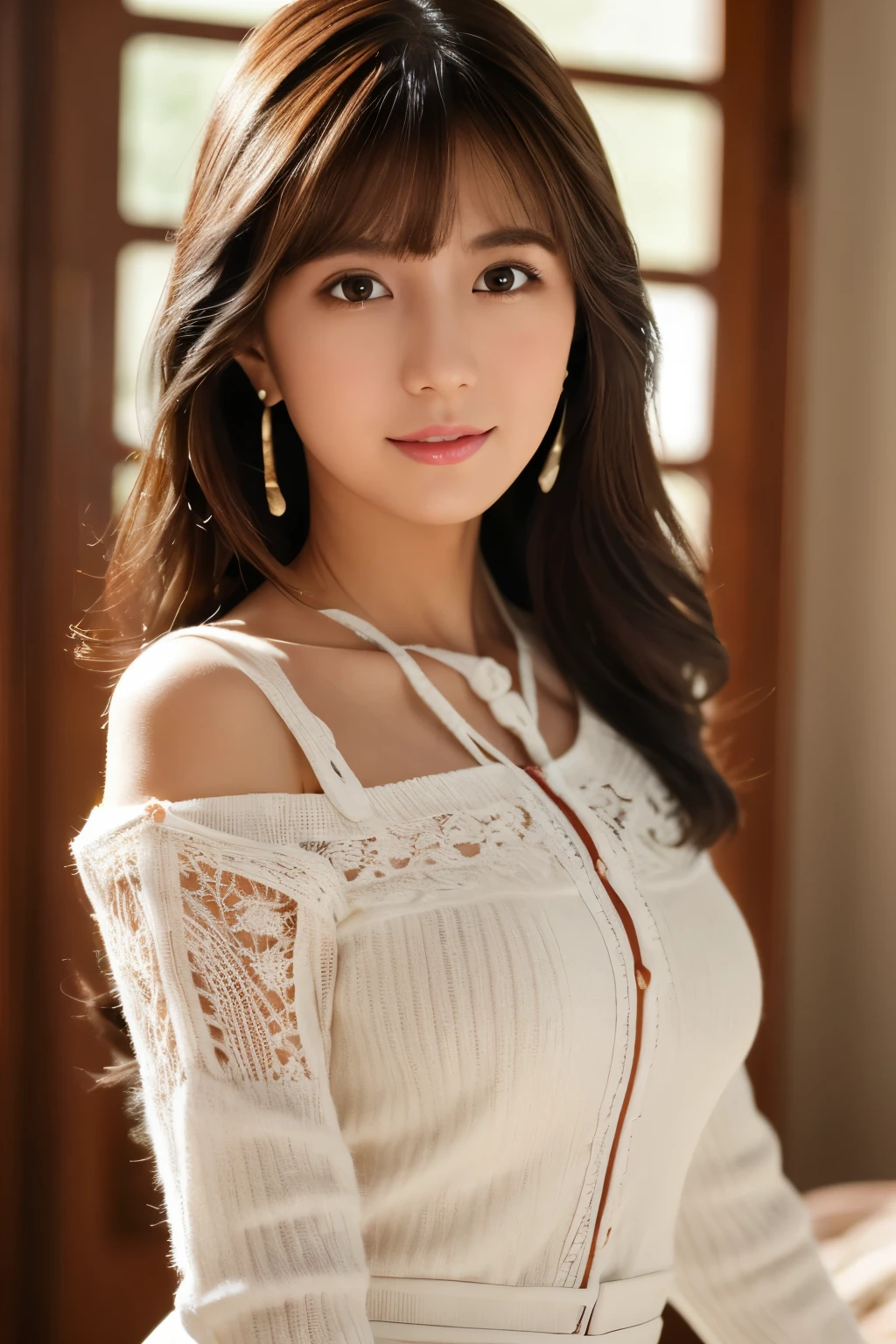 (8k, RAW photos, top quality, masterpiece: 1.2), ultra detailed, super resolution, (real photos: 1.37), portraits, high definition RAW color photos, professional photos, official art, highly detailed CG Unity 8k wallpapers, beautiful Japanese woman, {30|40} years old, highly detailed faces, Highly detailed eyes, highly detailed skin, Highly detailed nose, Highly detailed mouth, Perfect anatomy, Highly detailed background, Highly detailed clothing, One Girl, housewife, realistic body, white skin, radiant skin, slender body, very thin waist, handsome body, brown hair, {short|long} hair, (blunt bangs:1.2), cute face, slight smile, Realistic Face, outfits with a daring design, Earrings, Camera Gaze, Cowboy Shot, Standing Figure, Dynamic Lighting,