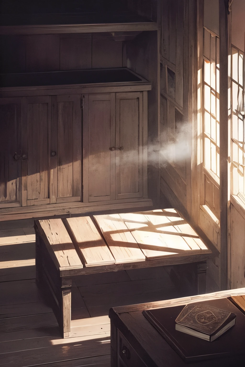 A quaint, unkempt chamber enveloped in a haze of dust, an aged wooden table standing steadfast in the room's heart, upon which an ancient, enigmatic tome resided, bathed in a gentle, unsettling radiance. The book, leather-bound and weathered, seemed to whisper tales of old, waiting to be unveiled.