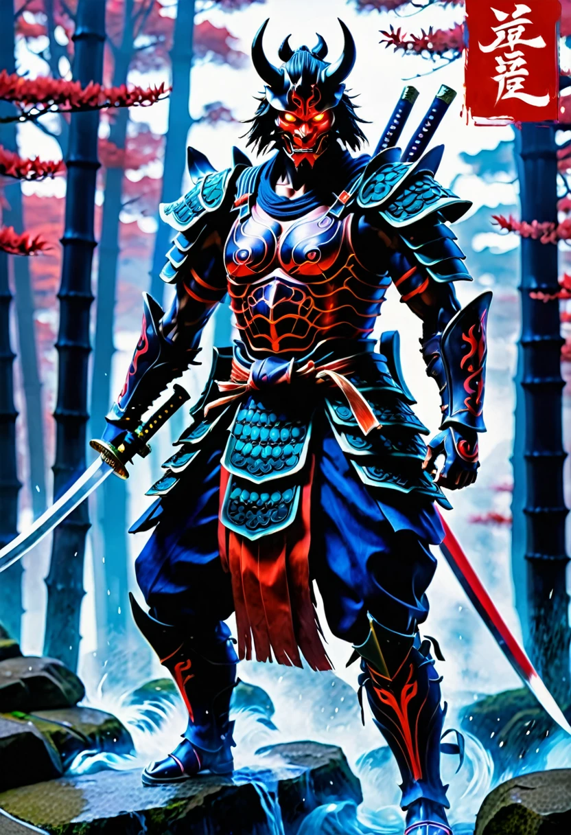 (demon samurai)、(Wearing a demon mask)solo man, glowing red eyes、Like the whole body、(cyborg Armed with a long sharp knife)、Stand facing the front,magnificent artwork、((Kyoto Panel Painting Style))、Wind-effect:1.9、Cloud Effects:1.2、Full Rendering、Encaustic Painting,unrealengine,