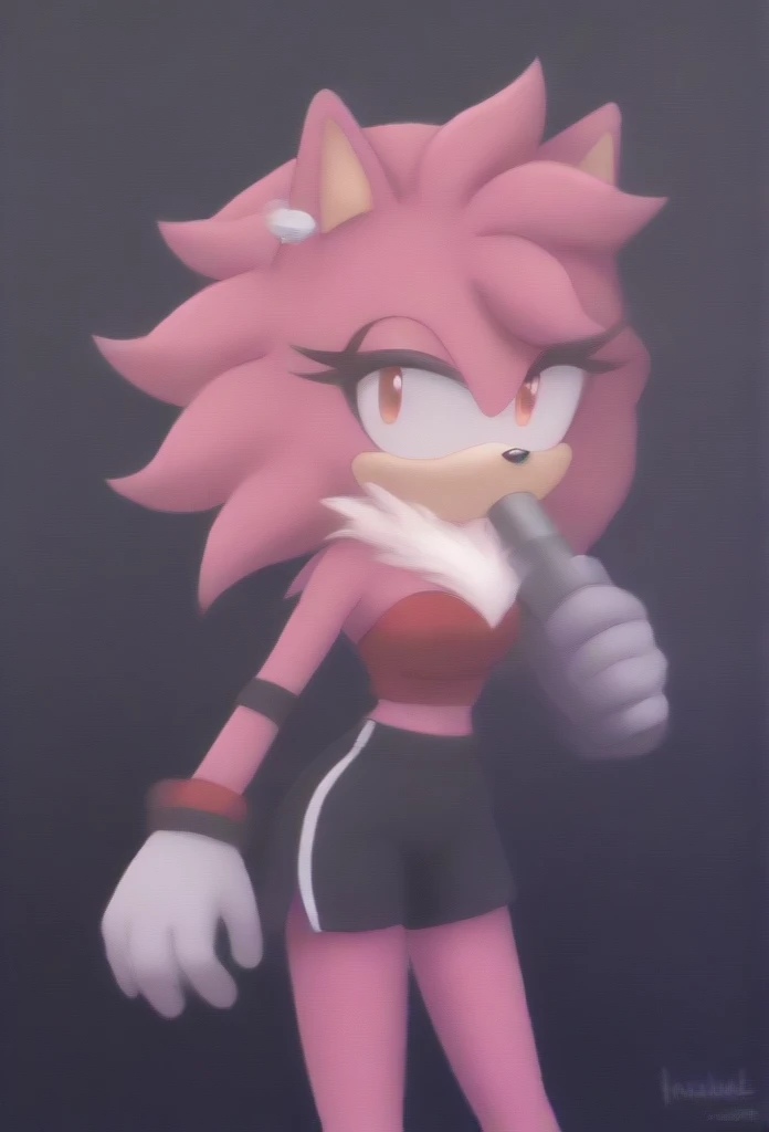 (1girl), (solo), Female Hedgehog, female Shadow, daughter of Shadow, (((pink fur))), ((Shadow the Hedgehog hairstyle)), (short quills), ((3 large hair bangs)), (side locks/quills over shoulders), red eyes, red patches of fur around eyes, (medium breasts), (small tuft of white chest fur around the neck area), (lavender tube top), (((black yoga shorts))), eyelashes, tough expression, daytime, mobian, mobius city