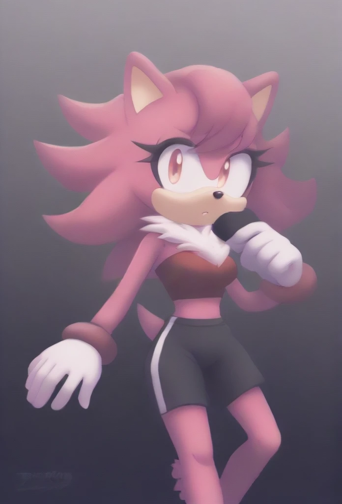 (1girl), (solo), Female Hedgehog, female Shadow, daughter of Shadow, (((pink fur))), ((Shadow the Hedgehog hairstyle)), (short quills), ((3 large hair bangs)), (side locks/quills over shoulders), red eyes, red patches of fur around eyes, (medium breasts), (small tuft of white chest fur around the neck area), (lavender tube top), (((black yoga shorts))), eyelashes, tough expression, daytime, mobian, mobius city