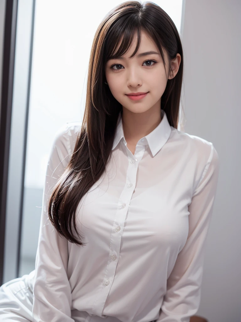 raw photo, 1girl, cute face, beautiful face, medium breast, collared blouse, White blouse, light smile, Upper body, detailed skin, pore, simple background, photorealistic, anatomically correct, masterpiece, best quality, UHD