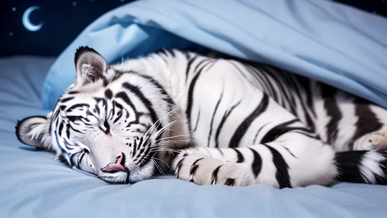 Calm moonlit night, twinkling starry sky, soft clouds and stars, calm blue palette, sleeping cute animal white tiger with eyes closed and mouth slightly open under blanket