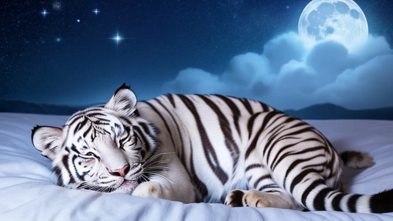 Calm moonlit night, twinkling starry sky, soft clouds and stars, calm blue palette, sleeping cute animal white tiger with eyes closed and mouth slightly open under blanket