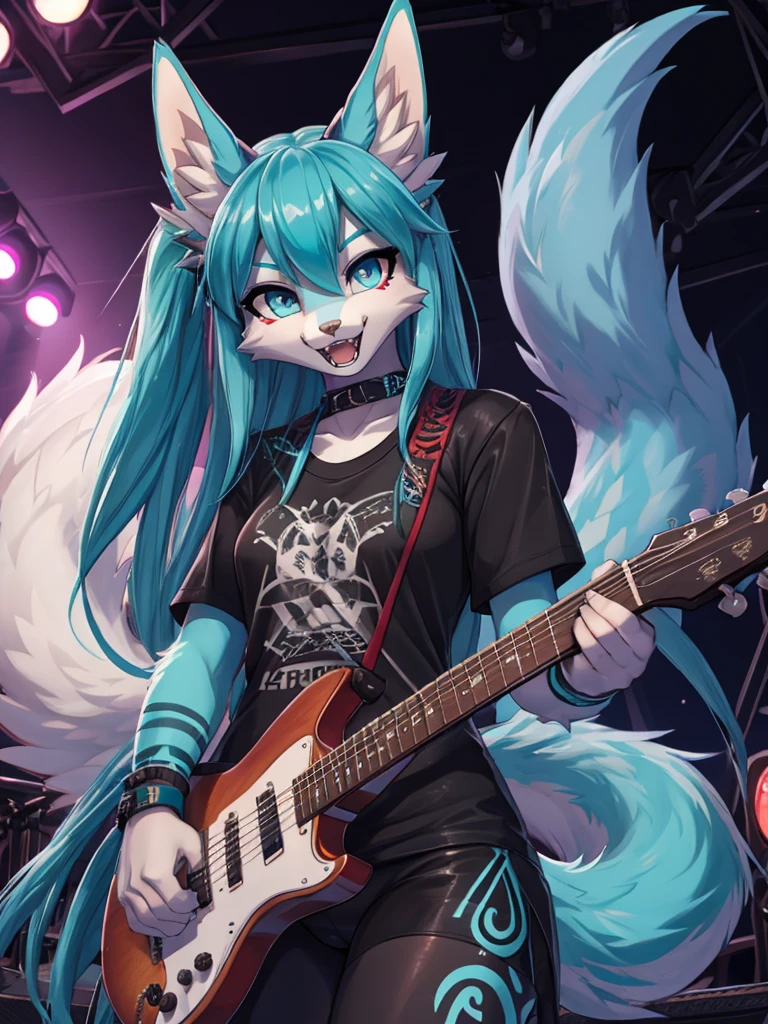 Miku Hatsune, high definition add_detail:1, blue fur,kitsune ears, tribal tattoo add_detail:1 cute high school clothes, pretty girl add_detail:3 18 year old girl, short black lycra, black metal t shirt, flirty look add_detail:3, hands rock sign, shouting add_detail:1, playing a guitar on stage add_detail:1