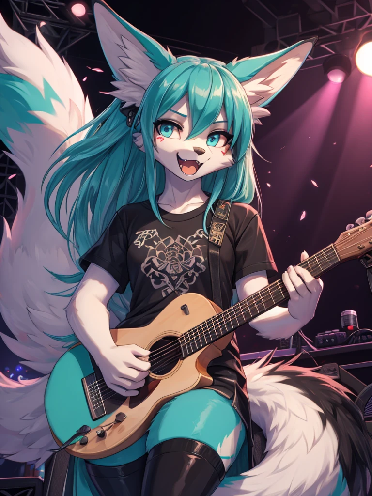 Miku Hatsune, high definition add_detail:1, blue fur,kitsune ears, tribal tattoo add_detail:1 cute high school clothes, pretty girl add_detail:3 18 year old girl, short black lycra, black metal t shirt, flirty look add_detail:3, hands rock sign, shouting add_detail:1, playing a guitar on stage add_detail:1