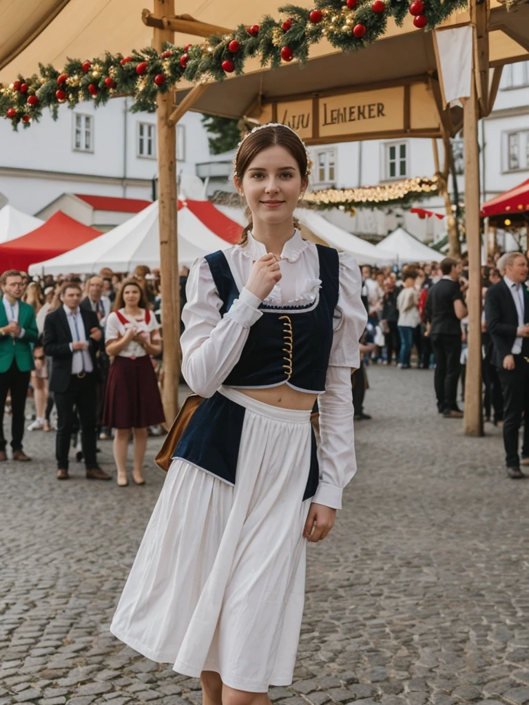 her name is Elle, high quality, 1girl, ((20-year-old fit Caucasian woman)), ((20 years old)), ((fit)), ((pale skin)), short length straight dark hair , wearing Cropped Graphic Blazer + High-Waisted Split Hem Pants, pose: standing, background: Capture the festive atmosphere of Munich's Oktoberfest, with its massive beer tents, traditional Bavarian music, and crowds dressed in lederhosen and dirndls.