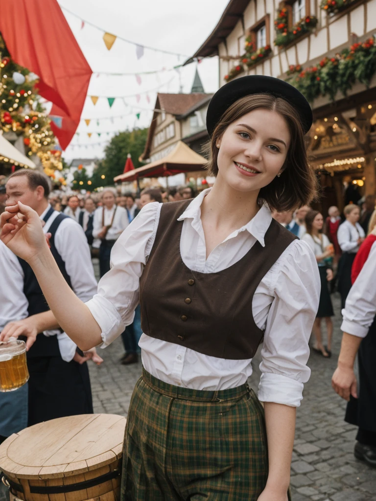 her name is Elle, high quality, 1girl, ((20-year-old fit Caucasian woman)), ((20 years old)), ((fit)), ((pale skin)), short length straight dark hair , wearing Cropped Graphic Blazer + High-Waisted Split Hem Pants, pose: standing, background: Capture the festive atmosphere of Munich's Oktoberfest, with its massive beer tents, traditional Bavarian music, and crowds dressed in lederhosen and dirndls.