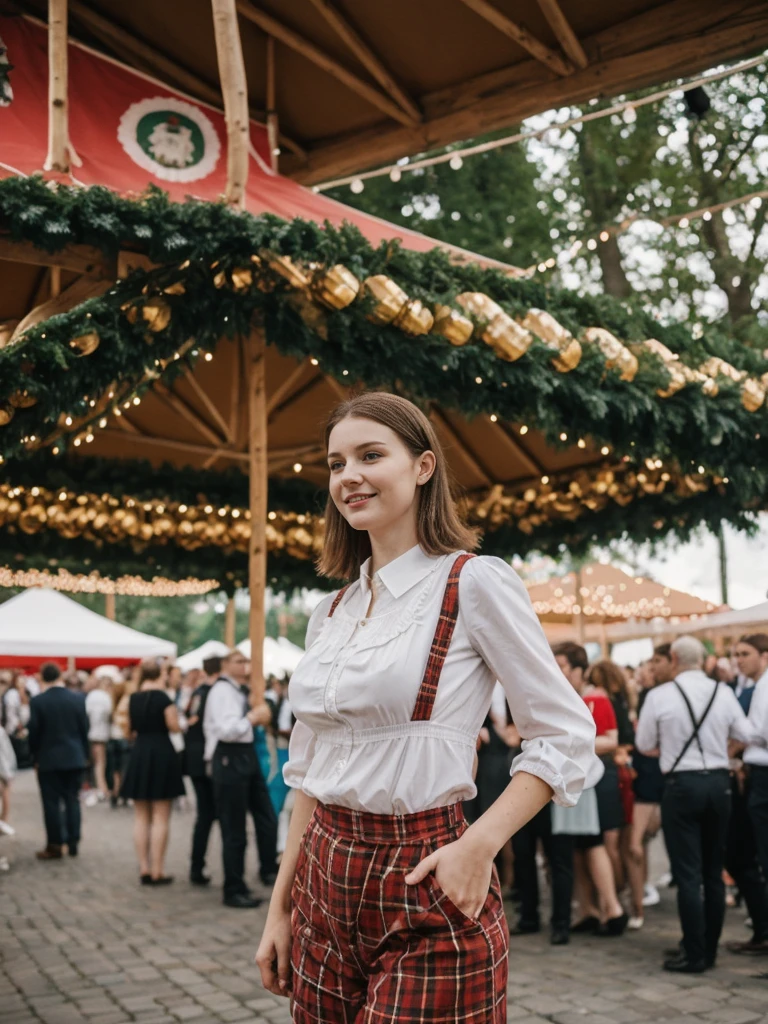 her name is Elle, high quality, 1girl, ((20-year-old fit Caucasian woman)), ((20 years old)), ((fit)), ((pale skin)), short length straight dark hair , wearing Cropped Graphic Blazer + High-Waisted Split Hem Pants, pose: standing, background: Capture the festive atmosphere of Munich's Oktoberfest, with its massive beer tents, traditional Bavarian music, and crowds dressed in lederhosen and dirndls.