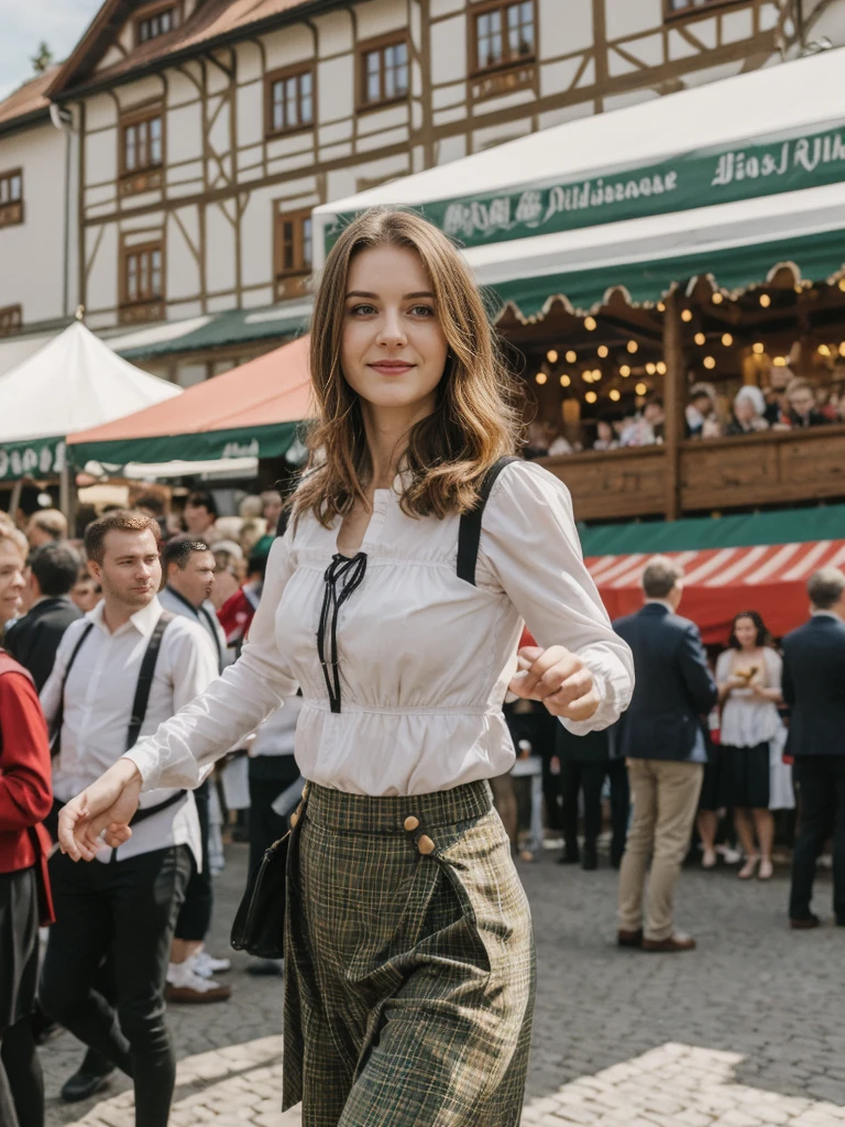 her name is Elle, high quality, 1girl, ((20-year-old fit Caucasian woman)), ((20 years old)), ((fit)), ((pale skin)), short length straight dark hair , wearing Cropped Graphic Blazer + High-Waisted Split Hem Pants, pose: standing, background: Capture the festive atmosphere of Munich's Oktoberfest, with its massive beer tents, traditional Bavarian music, and crowds dressed in lederhosen and dirndls.