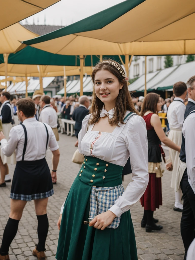 her name is Elle, high quality, 1girl, ((20-year-old fit Caucasian woman)), ((20 years old)), ((fit)), ((pale skin)), short length straight dark hair , wearing Cropped Graphic Blazer + High-Waisted Split Hem Pants, pose: standing, background: Capture the festive atmosphere of Munich's Oktoberfest, with its massive beer tents, traditional Bavarian music, and crowds dressed in lederhosen and dirndls.