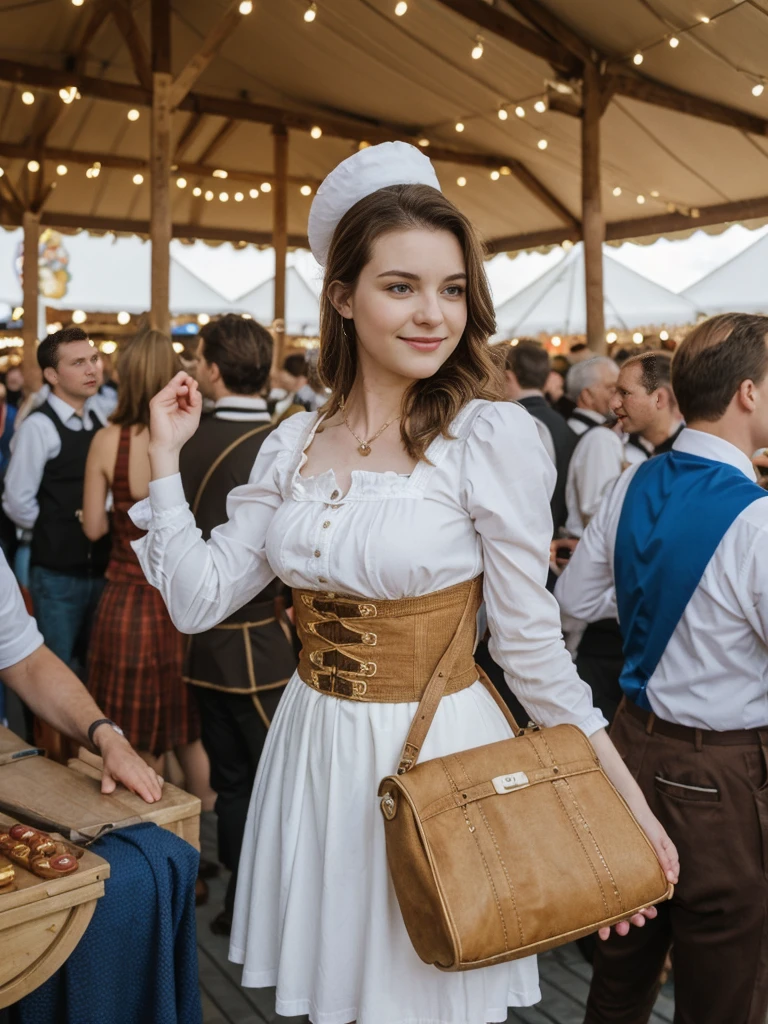 her name is Elle, high quality, 1girl, ((20-year-old fit Caucasian woman)), ((20 years old)), ((fit)), ((pale skin)), short length straight dark hair , wearing Cropped Graphic Blazer + High-Waisted Split Hem Pants, pose: standing, background: Capture the festive atmosphere of Munich's Oktoberfest, with its massive beer tents, traditional Bavarian music, and crowds dressed in lederhosen and dirndls.