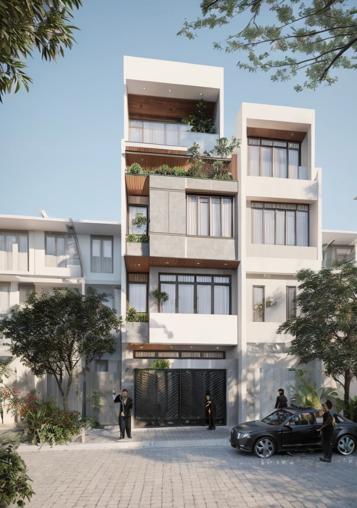 Townhouse in city, daylight,warm light, (sharp focus) front view of townhouse in style of modern, VietNam ,mutual colours, soft lighting, warm atmosphere,high Resolution, hyper detailed,4k ,vray render, hyper realistic,exterior design , professional photography, exterior photography,wide-angle shot , ultra detail , high Resolution . all of doors and windows are made by Xingfa . have many trees , ivys, palms on the bancony. black iron frame . human and girl on the pavement. wooden ceiling. ceiling light.black iron gate.