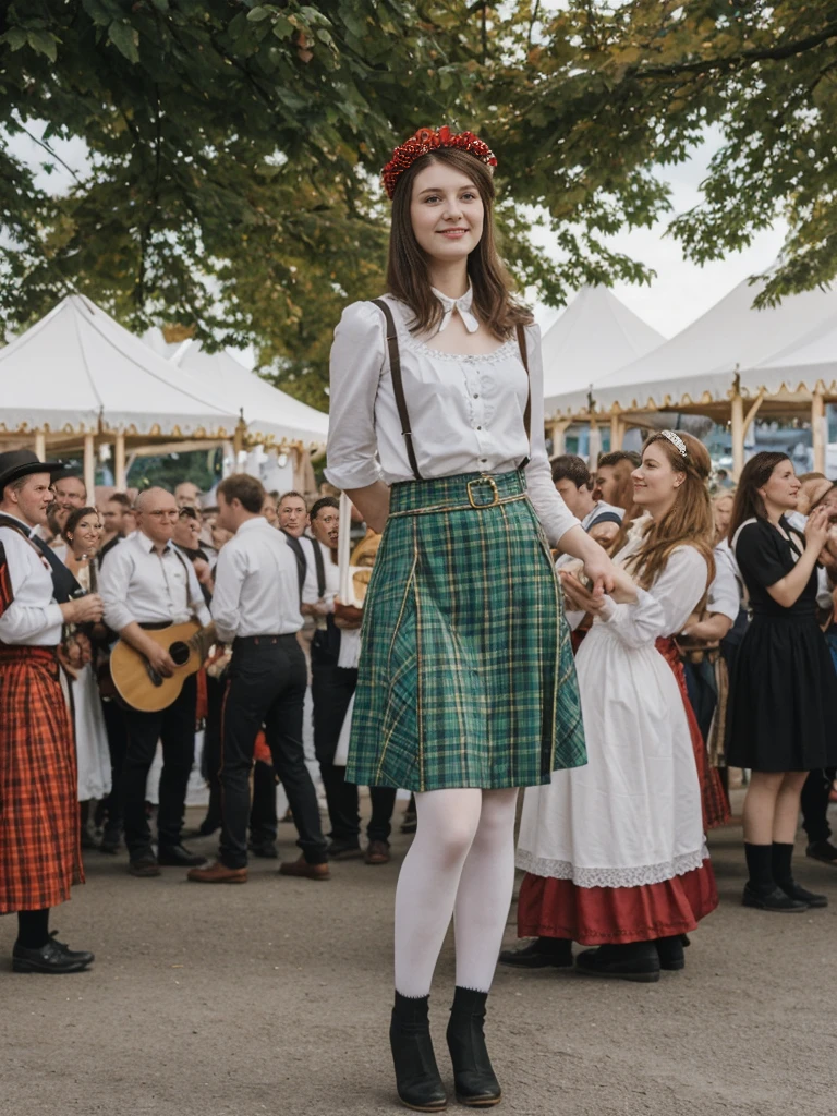 her name is Elle, high quality, 1girl, ((20-year-old fit Caucasian woman)), ((20 years old)), ((fit)), ((pale skin)), short length straight dark hair , wearing Cropped Graphic Blazer + High-Waisted Split Hem Pants, pose: standing, background: Capture the festive atmosphere of Munich's Oktoberfest, with its massive beer tents, traditional Bavarian music, and crowds dressed in lederhosen and dirndls.