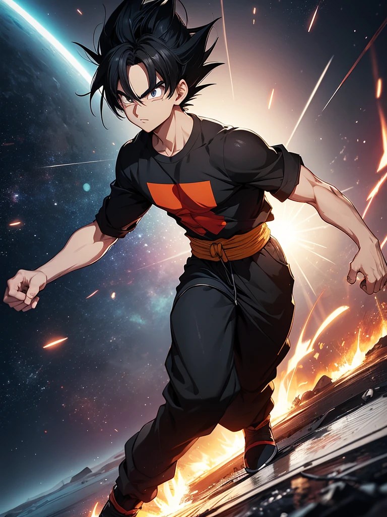 An adult boy, black hair, black eyes, designed in the style of Dragon Ball Z, in the middle of space holding a black photo.