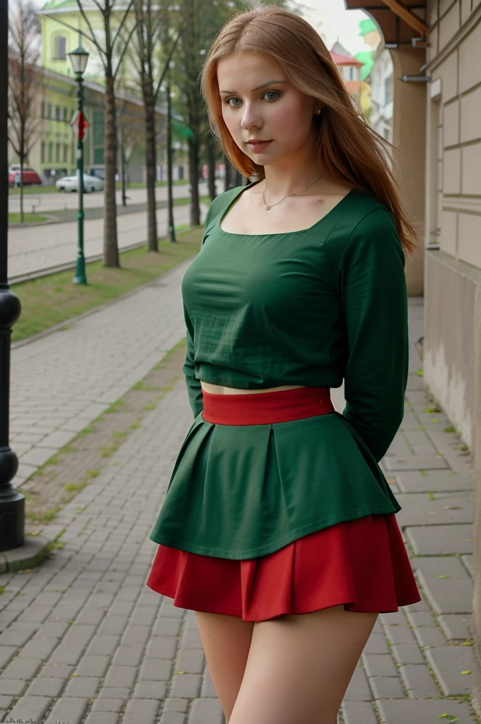 Lituania, pretty women, ((In Vilnius City)), before the Vilnius Cathedrale, on the Vilnius central place, ((wear a green top and a red skirt))