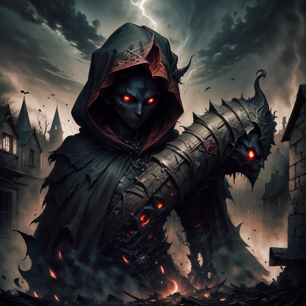 masterpiece, 1600s, (Night Shadow), young humanoid man, nature, horror, Pumpkinhead, Dark, hood, long blade, night time, cold, Glowing red eyes, outside, village