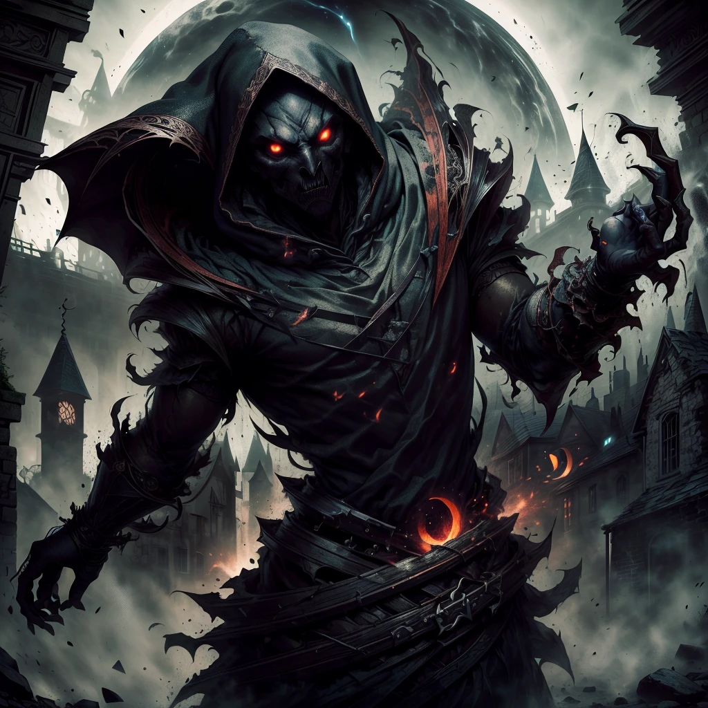 masterpiece, 1600s, (Night Shadow), young humanoid man, nature, horror, Pumpkinhead, Dark, hood, long blade, night time, cold, Glowing red eyes, outside, village