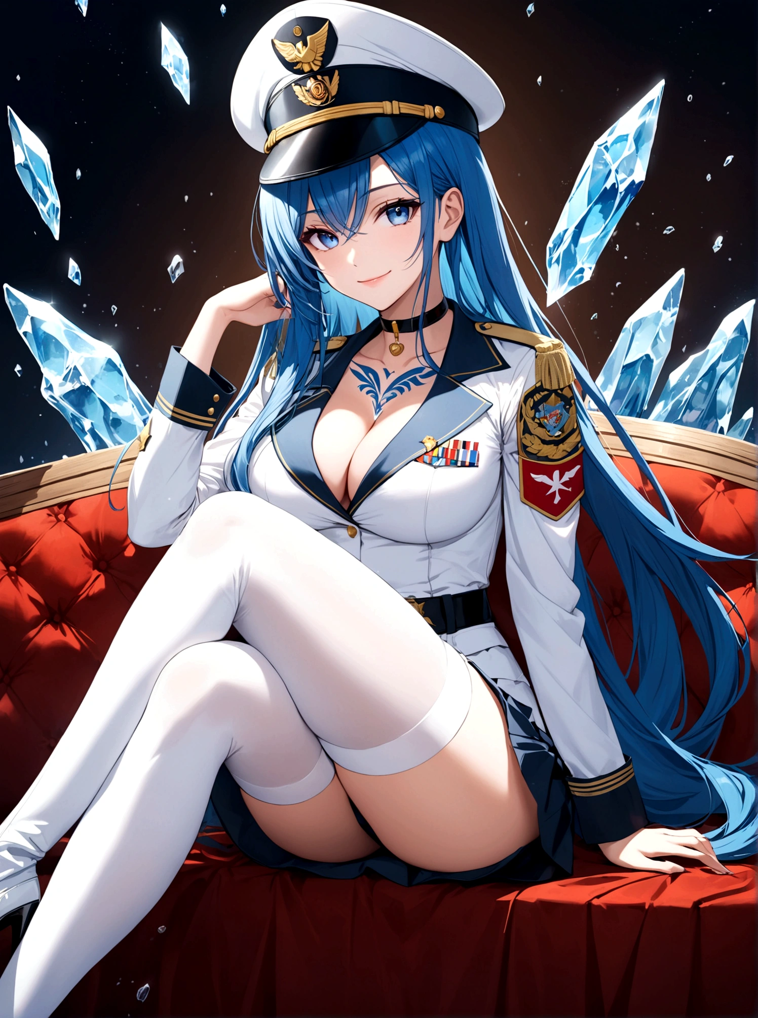 1girl, solo, long hair, breasts, looking at viewer, smile, blue eyes, large breasts, thighhighs, hat, cleavage, sitting, very long hair, blue hair, boots, choker, uniform, high heels, white thighhighs, military, military uniform, tattoo, thigh boots, white footwear, crossed legs, peaked cap, ice, chest tattoo