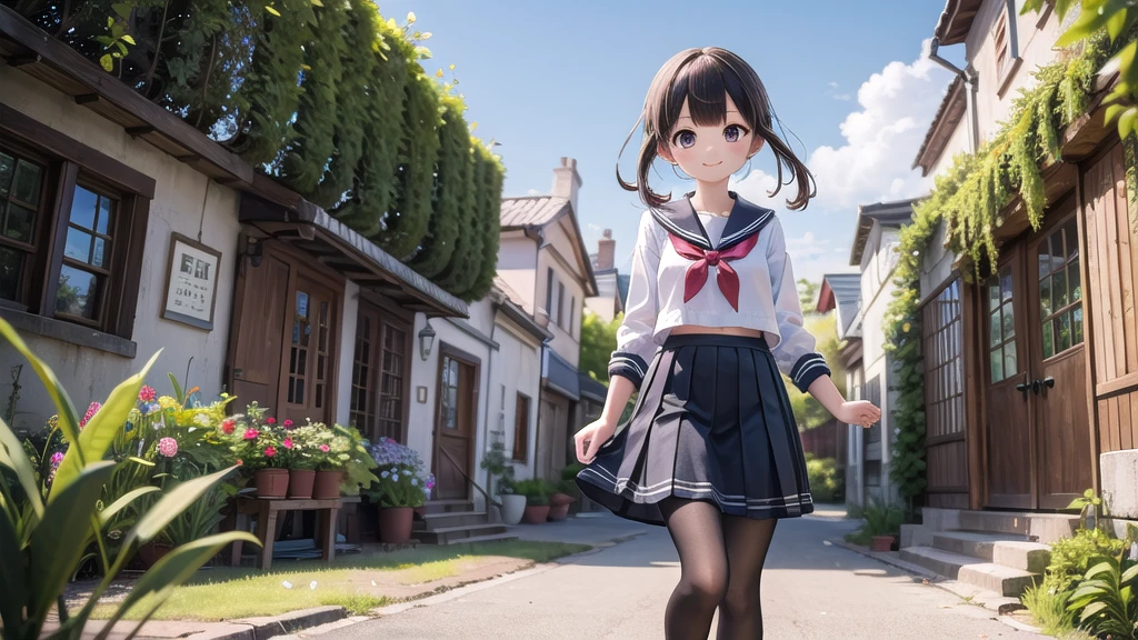 (masterpiece), town, blue sky, One Girl, smile, alone, Sailor suit、Long skirt, Overgrown, petal, plant、Skirt lining、Translucent slip、nostalgic、Black Pantyhose