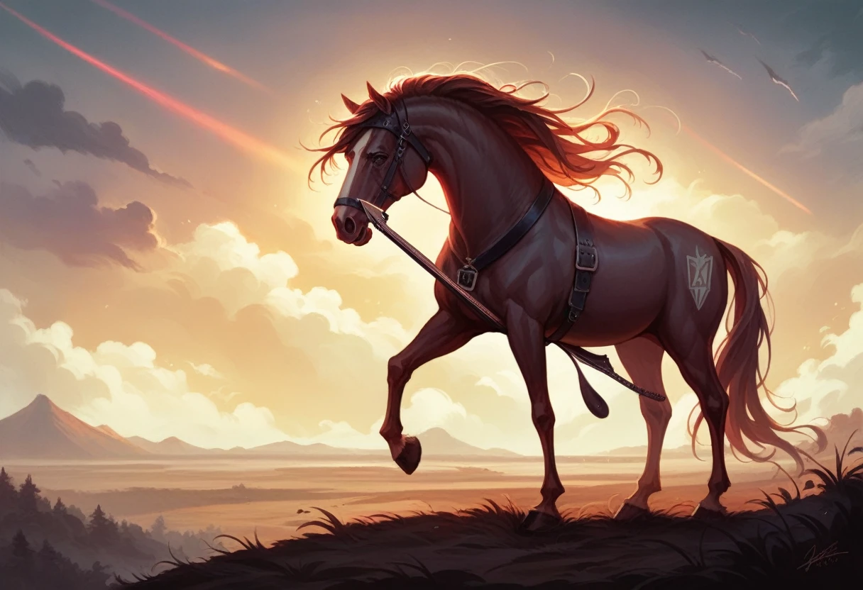 a cowboy playing guitar next to his horse, 1800s arizona, dark storm clouds, slight rain, sunset, sandy photorealistic, highly detailed, extremely colorful, cinematic, dramatic lighting, intricate details, glowing colors, vibrant, stunning, magnificent